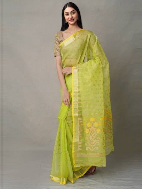 Unnati Silks Green & Gold-Toned Ethnic Motifs Zari Organza Jamdani Handloom Saree
Unnati Silks Green & Gold-Toned Ethnic Motifs Zari Organza Jamdani Handloom Saree