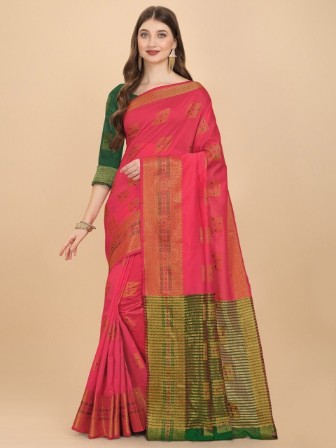 ZIKARAA Pink & Green Woven Design Zari Saree