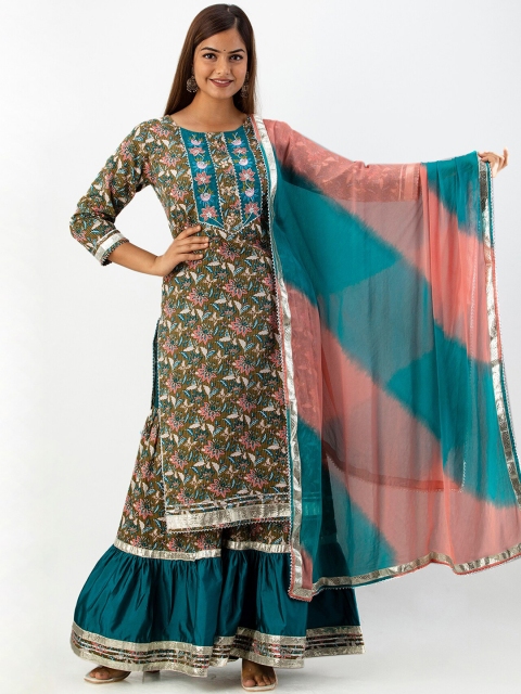 KALINI Women Brown, Blue Thread work neck Design Straight Print Kurta & Sharara, Dupatta, Multi
KALINI Women Brown, Blue Thread work neck Design Straight Print Kurta & Sharara, Dupatta, Multi