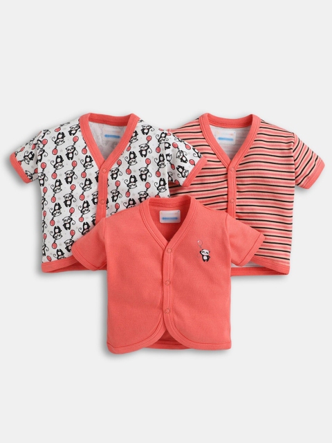 Hopscotch Kids Red Pack of 3 Printed Mandarin Collar Applique T-shirt