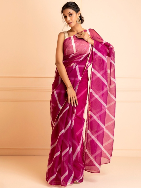 Geroo Jaipur Mauve & White Leheriya Gotta Patti Organza Ready to Wear Leheriya Saree