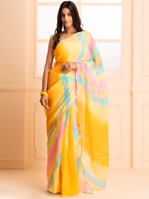 Geroo Jaipur Yellow & Pink Leheriya Zari Ready to Wear Leheriya Saree