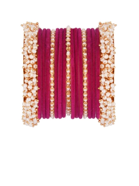 Efulgenz Pink 17 Pcs Bridal Faux Pearl Velvet Bangles Set