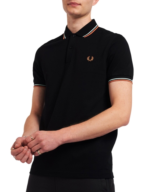 Fred Perry Men Black Polo Collar Applique T-shirt