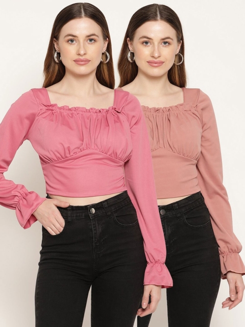 Miaz Lifestyle Pack Of 2 Pink & Rose Puff Sleeves Crop Top