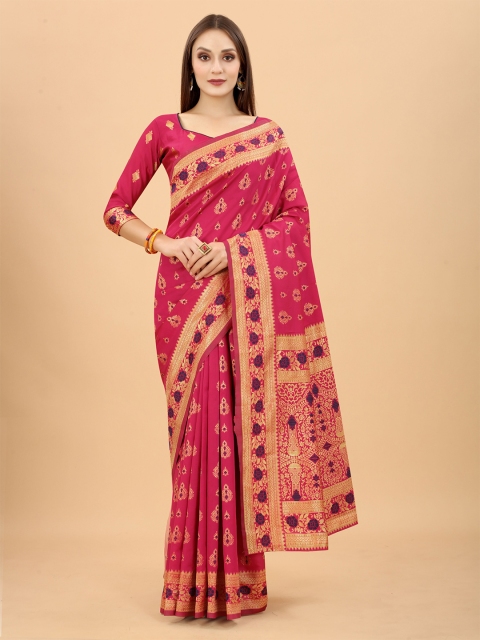 WELL WORN Pink & Blue Woven Design Zari Silk Cotton Banarasi Saree