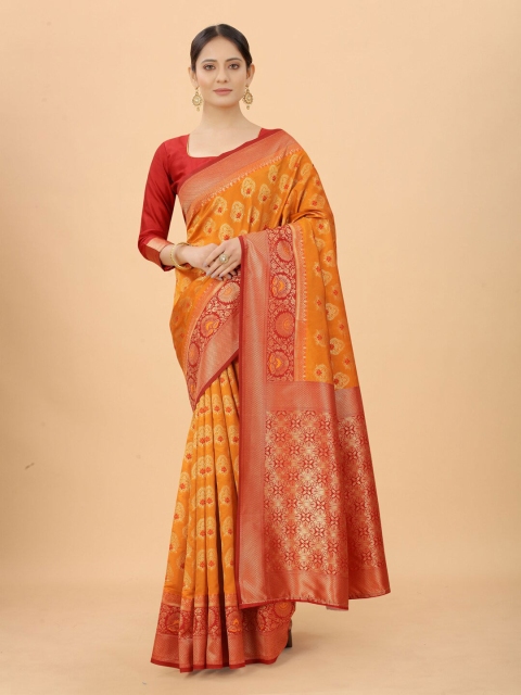WELL WORN Orange & Red Ethnic Motifs Zari Silk Cotton Banarasi Saree