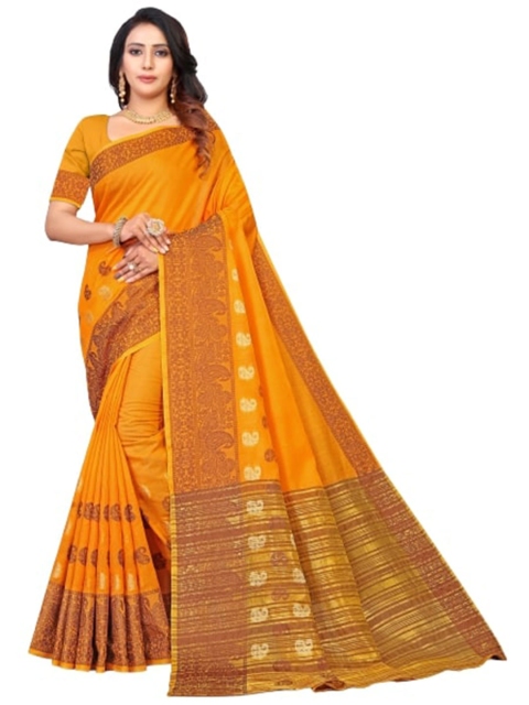BAPS Mustard & Gold-Toned Floral Zari Saree