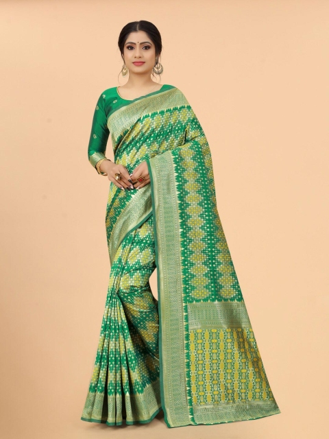 WELL WORN Green & Gold-Toned Woven Design Zari Silk Cotton Banarasi Saree