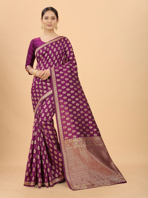 WELL WORN Wine Purple & Gold-Toned Woven Design Silk Cotton Ready to Wear Banarasi Saree
WELL WORN Wine Purple & Gold-Toned Woven Design Silk Cotton Ready to Wear Banarasi Saree