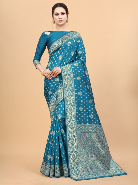 WELL WORN Blue & Red Woven Design Zari Silk Cotton Ready to Wear Banarasi Saree