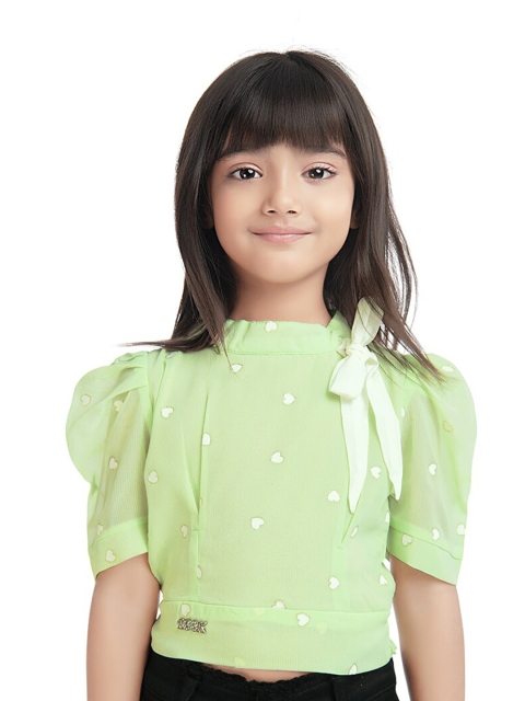 Tiny Kingdom Girls Green Printed Puff-Sleeves Top