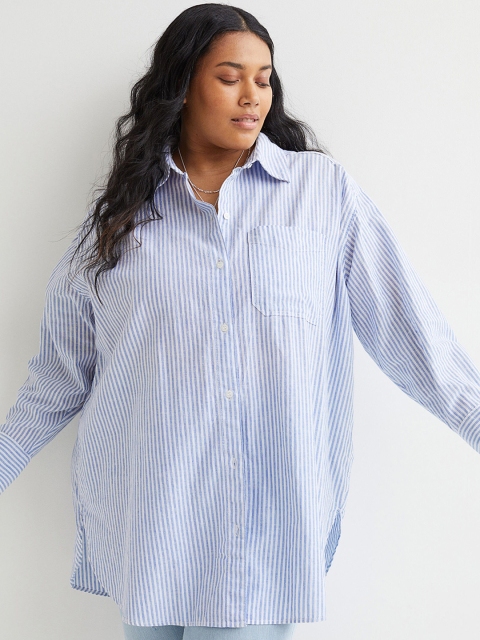 H&M Women Blue Boxy Striped Casual Shirt