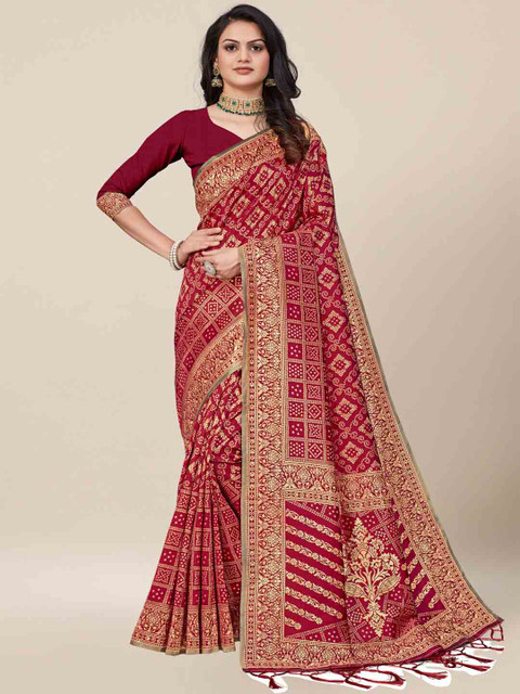 AYKA CLOTHINGS Maroon & Gold-Toned Bandhani Zari Silk Cotton Heavy Work Banarasi Saree
AYKA CLOTHINGS Maroon & Gold-Toned Bandhani Zari Silk Cotton Heavy Work Banarasi Saree