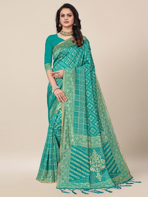 AYKA CLOTHINGS Turquoise Blue & Gold-Toned Bandhani Zari Silk Cotton Heavy Work Banarasi Saree
AYKA CLOTHINGS Turquoise Blue & Gold-Toned Bandhani Zari Silk Cotton Heavy Work Banarasi Saree