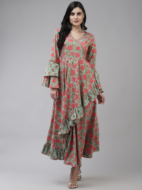 Yufta Green & Fuchsia Pink Ethnic Motifs Bell Sleeves Cotton Ethnic Maxi Dress