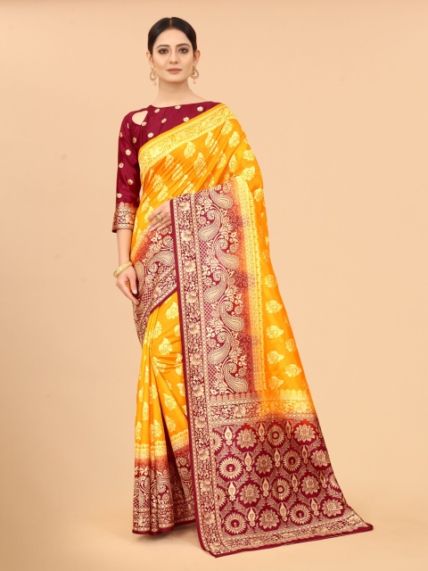 WELL WORN Gold-Toned & Maroon Woven Design Zari Silk Cotton Ready to Wear Banarasi Saree
WELL WORN Gold-Toned & Maroon Woven Design Zari Silk Cotton Ready to Wear Banarasi Saree
