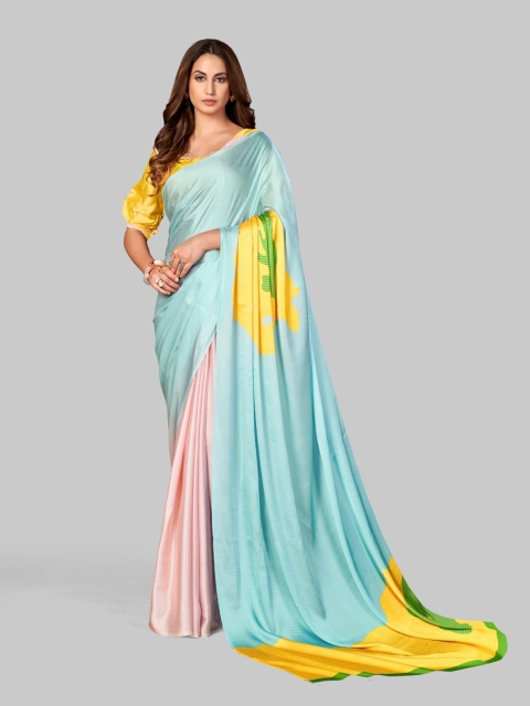 7TH FAB Yellow & Blue Printed Satin Saree
