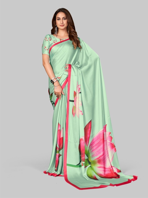 7TH FAB Green & Pink Floral Satin Saree