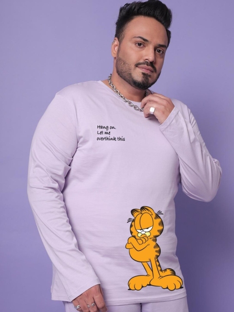 Bewakoof Plus Size Men Lavender Garfield Extended Sleeves Loose T-shirt