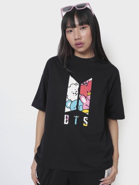 Bewakoof Women Black & raisin black Printed Mandarin Collar Loose T-shirt
