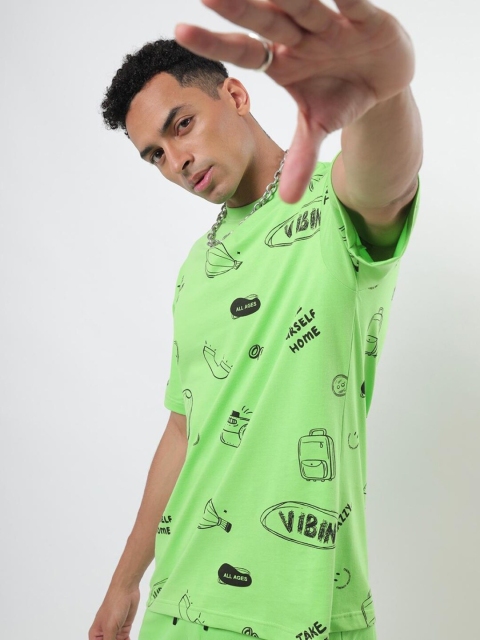 Bewakoof Men Green & Black Typography Printed Oversized T-shirt