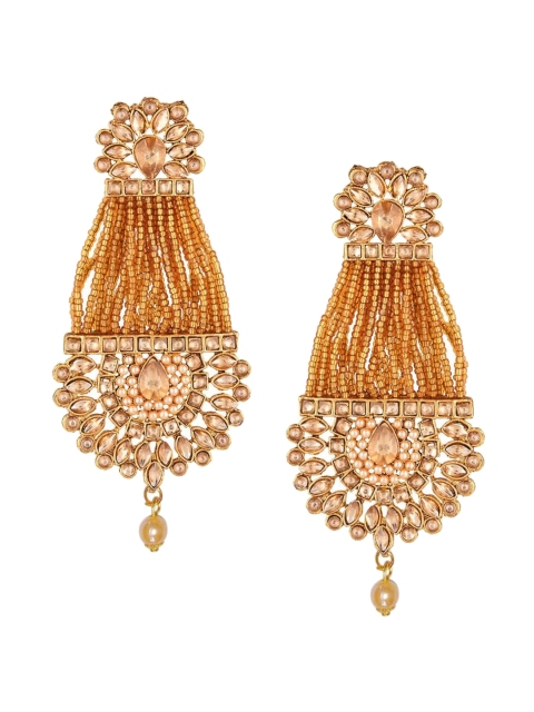Efulgenz Orange & Gold-Toned Floral Drop Earrings