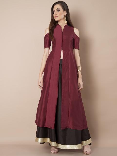 INDYA Women Maroon Solid Silk -Line Kurta