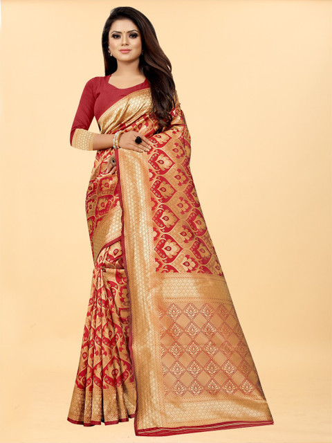 Hinayat Fashion Red & Gold-Toned Woven Design Zari Silk Blend Banarasi Saree 
Hinayat Fashion Red & Gold-Toned Woven Design Zari Silk Blend Banarasi Saree