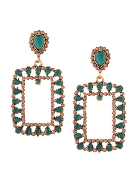 Efulgenz Green Square Drop Earrings, Gold
