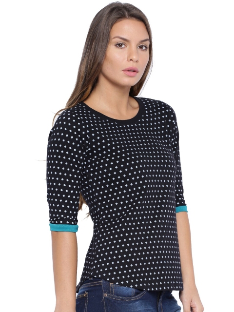 CULT FICTION Women Black & Blue Printed Pure Cotton T-shirt