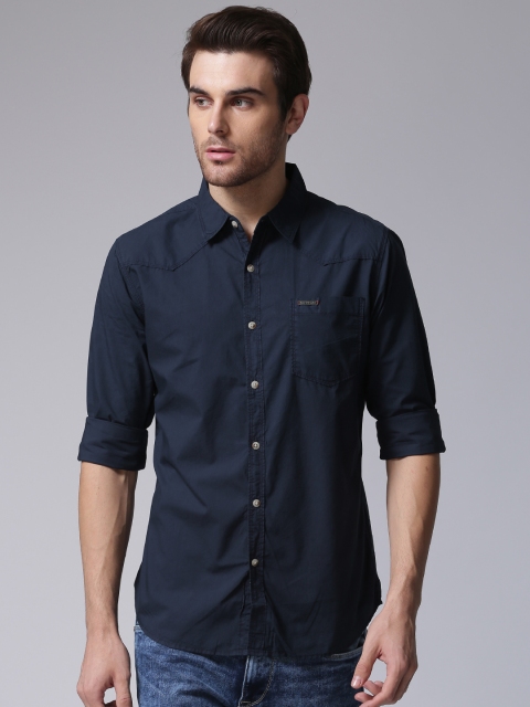 YWC Men Navy Blue Slim Fit Solid Casual Shirt