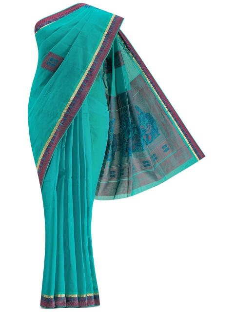 Nalli Next Blue & Gold-Toned Solid Pure Cotton Saree