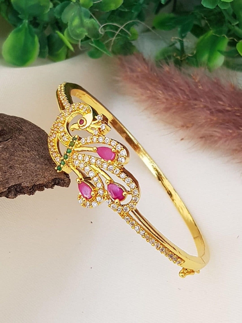 GRIIHAM Women Gold-Toned Brass Cubic Zirconia Gold-Plated Kada Bracelet