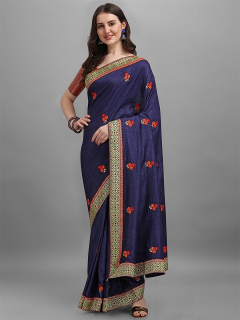 TEREZA Navy Blue & Red Floral Embroidered Silk Blend Saree