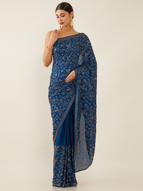 Soch Blue & Gold-Toned Floral Saree