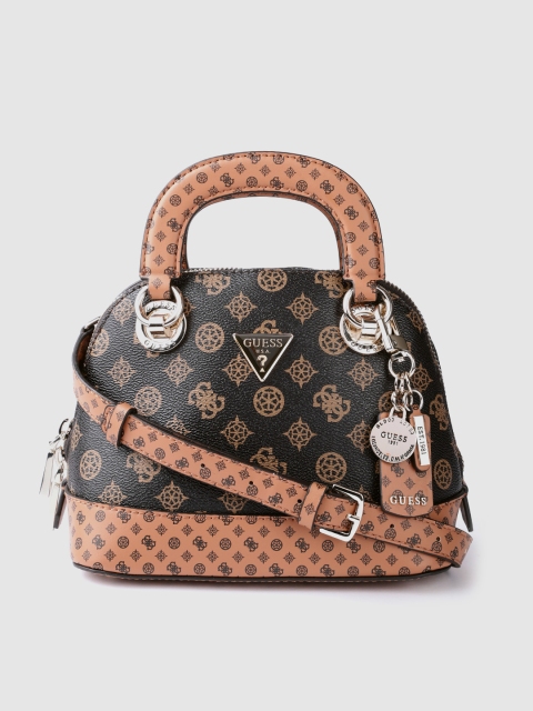 GUESS Coffee Brown Brand Logo Print Structured Handheld Bag
