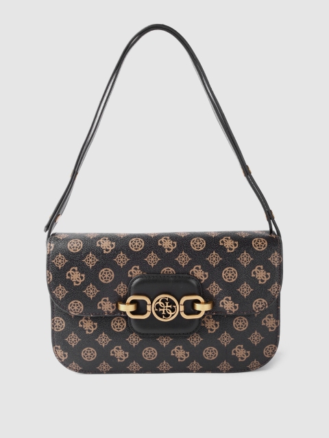 GUESS Women Coffee Brown & Beige Brand Logo Print Structured Shoulder Bag