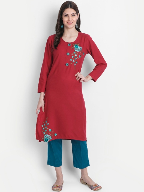 Alavya Women Red & Blue Embroidered Flared Sleeves Thread Work Dobby Kurta