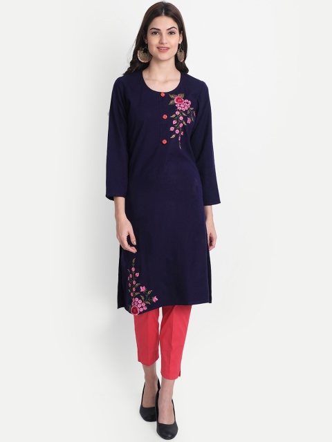 Alavya Women Navy Blue Floral Thread Work Dobby Kurta