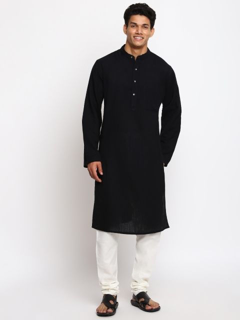 Fabindia Men Black Self-Striped Pure Cotton Kurta