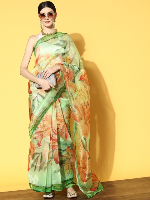 Tikhi Imli Green & Orange Floral Organza Saree