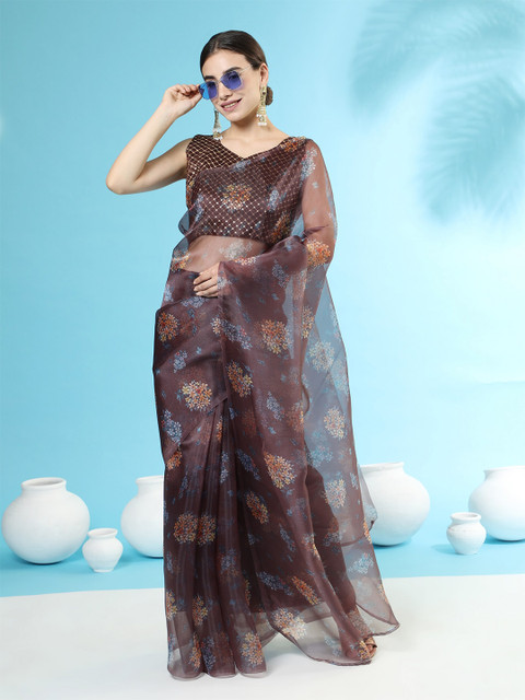 ORUS Brown & Blue Floral Digital Print Organza Saree 
ORUS Brown & Blue Floral Digital Print Organza Saree