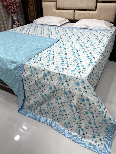 Pure Decor Blue & White Floral AC Room 300 GSM Double Bed Dohar