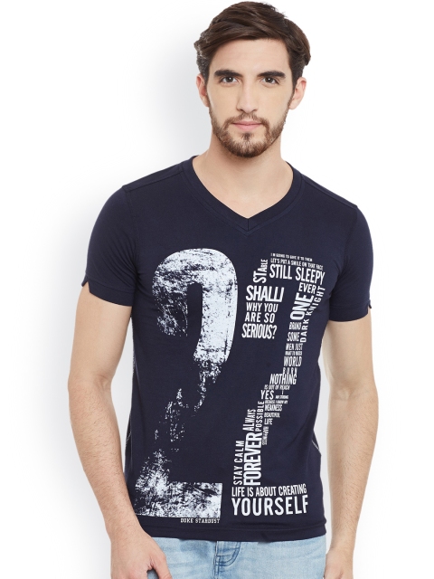 Duke Men Navy Blue Printed V-Neck T-shirt