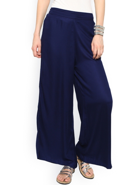 De Moza Women Navy Straight Solid Palazzos, Navy blue