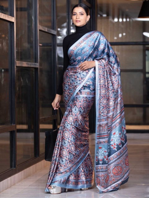 KARAGIRI Women Blue & Pink Floral Silk Blend Saree