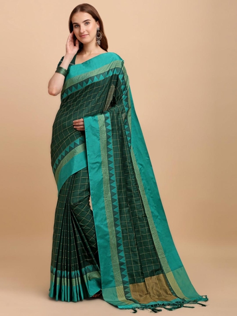 VISHNU WEAVES Coffee Brown & Blue Checked Saree