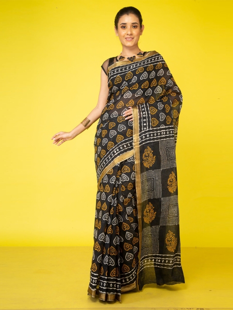 Unnati Silks Black & White Bagh Zari Pure Cotton Block Print Saree