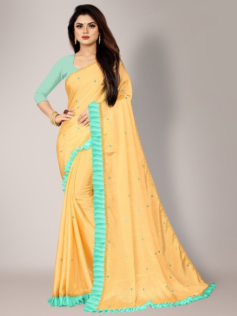 HRITIKA Cream-Coloured & Blue Embellished Mirror Work Pure Chiffon Saree